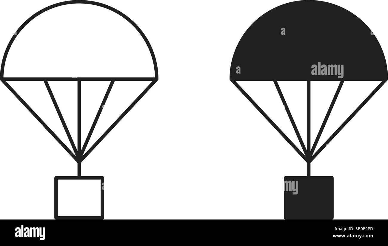 Black and white parachute delivery icons showing cargo drop symbols with minimal flat style on plain white background for transport use Stock Vector