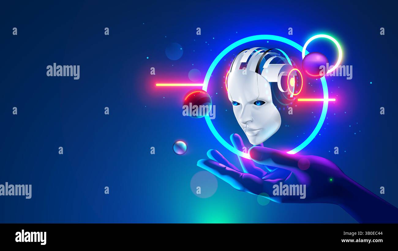 AI or artificial intelligence in the form of a head robot or cyborg over human hand in cyberspace. Electronic brain hanging over palm hand. AI chat bo Stock Vector