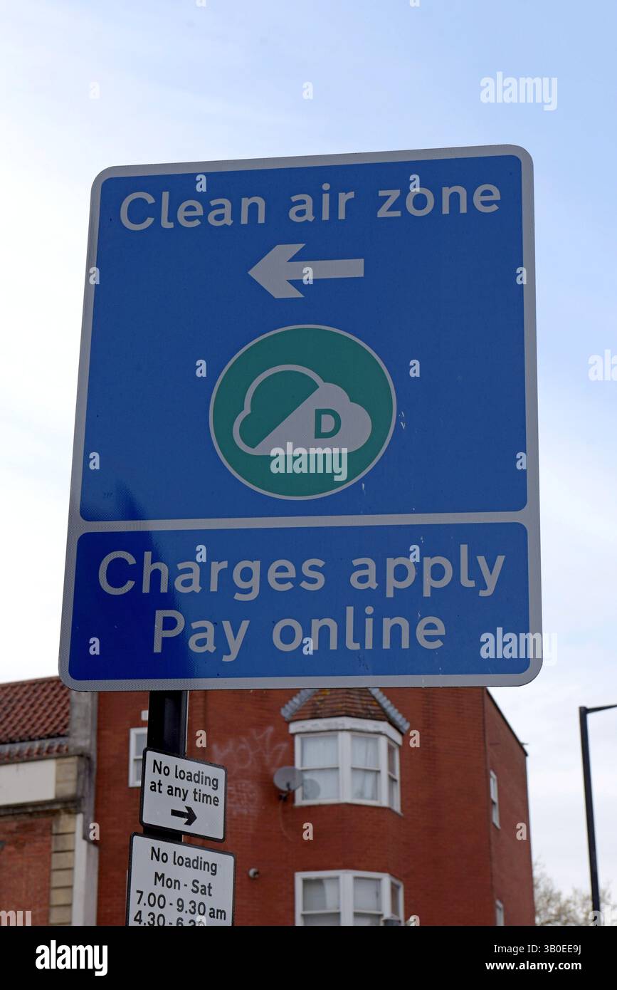Bristol city centre clean air zone sign, for the low emission vehicle area , April 2025 Stock Photo