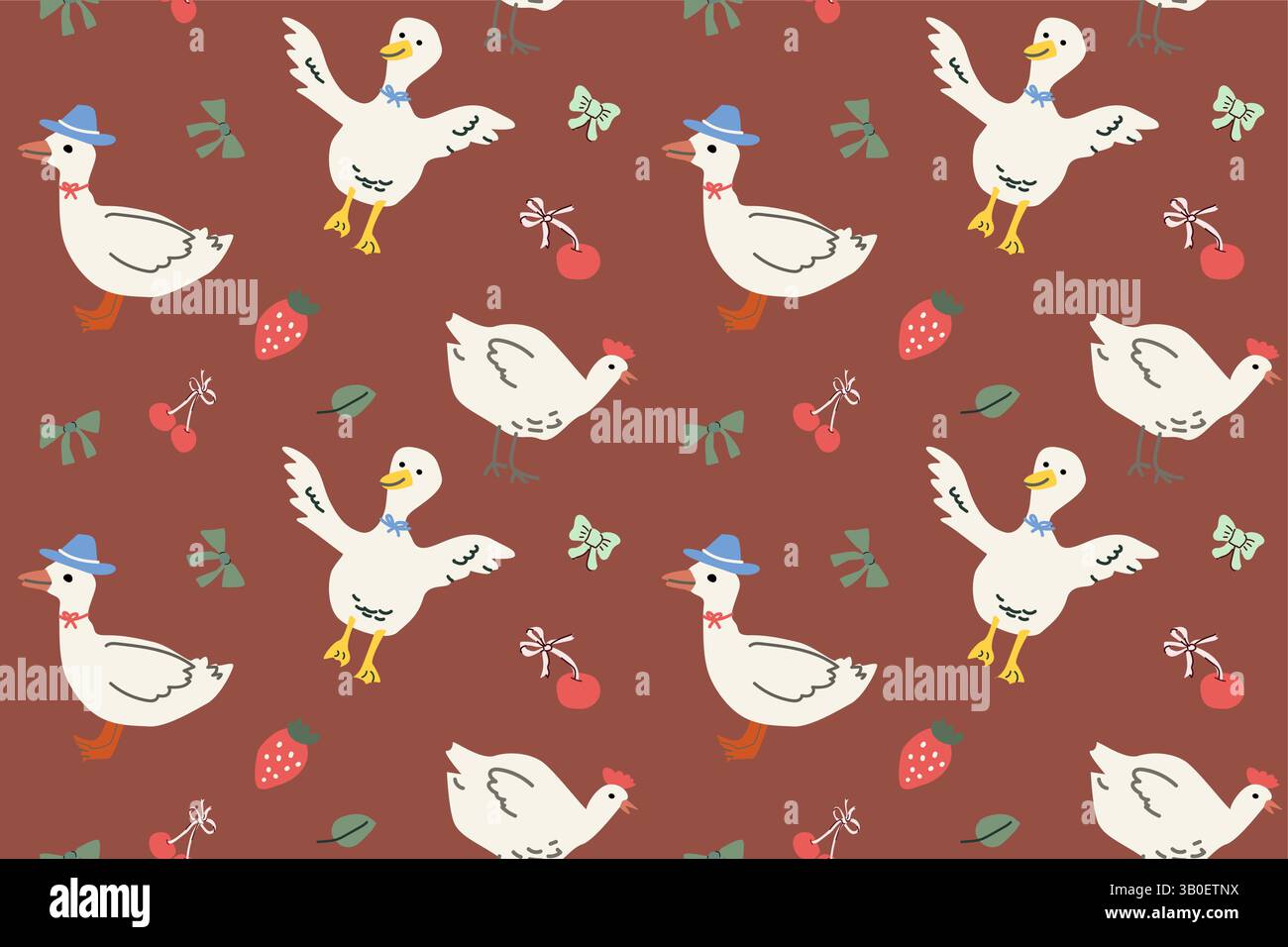 Charming cottage decor pattern with whimsical ducks, berries, and bows. Stock Vector