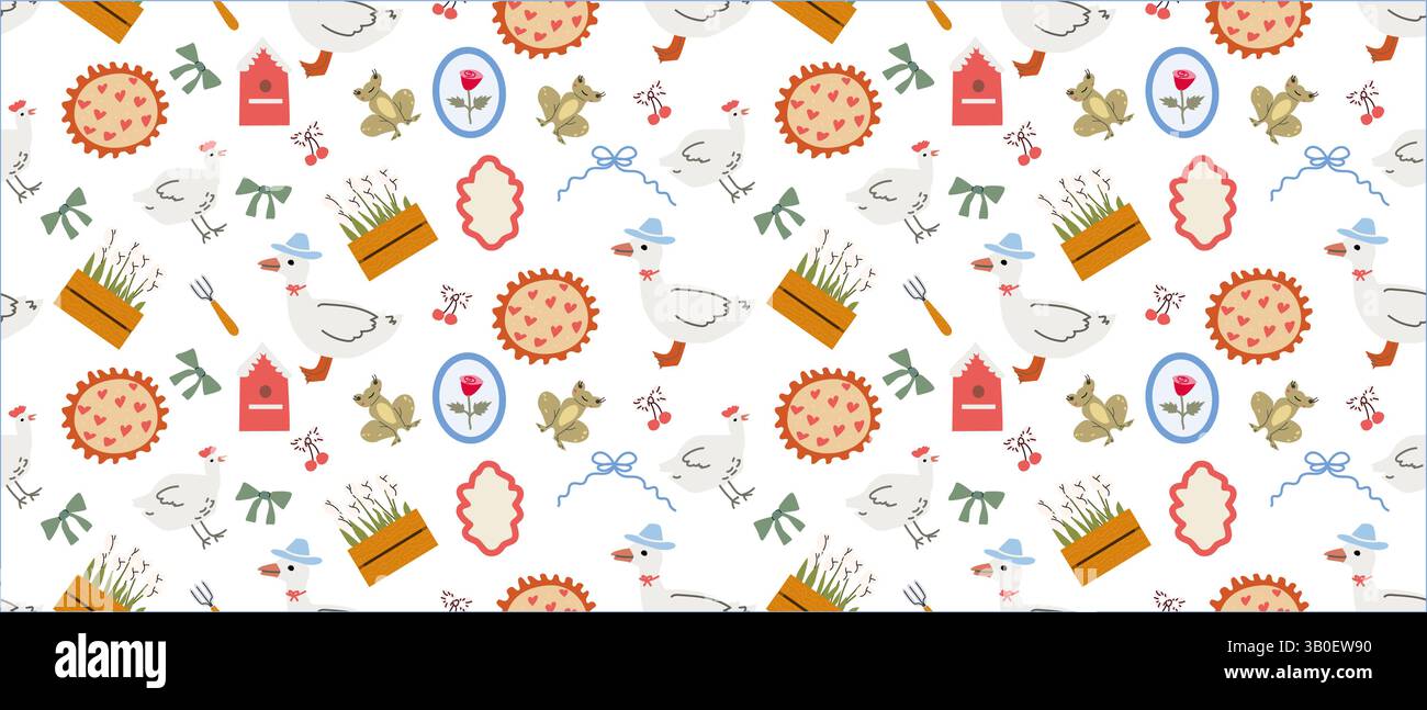 Charming cottage decor pattern with ducks and garden elements for home design. Stock Vector