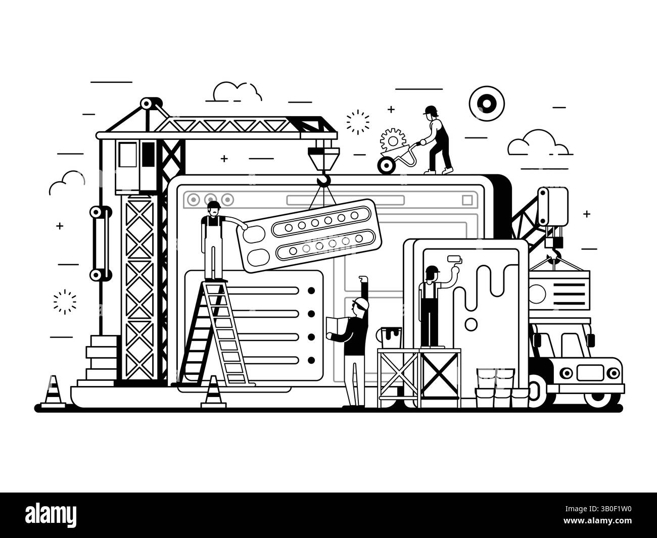 Worker construction site crane Black and White Stock Photos & Images ...