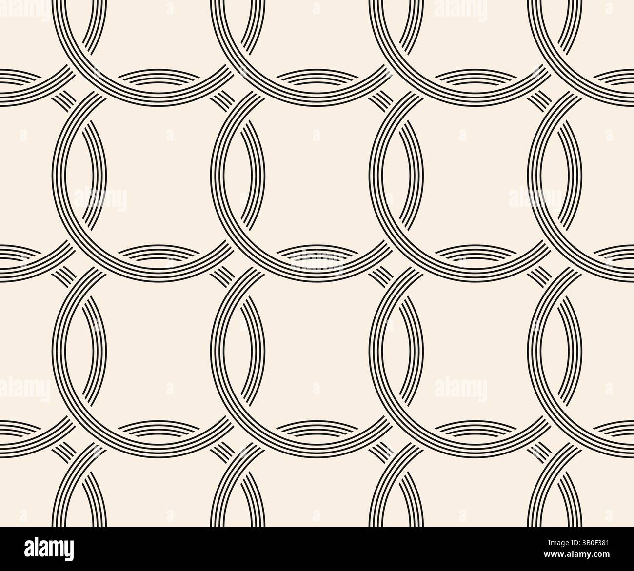 Black line interwined circles seamless pattern on beige background. Repeating beige pattern. Stock Vector