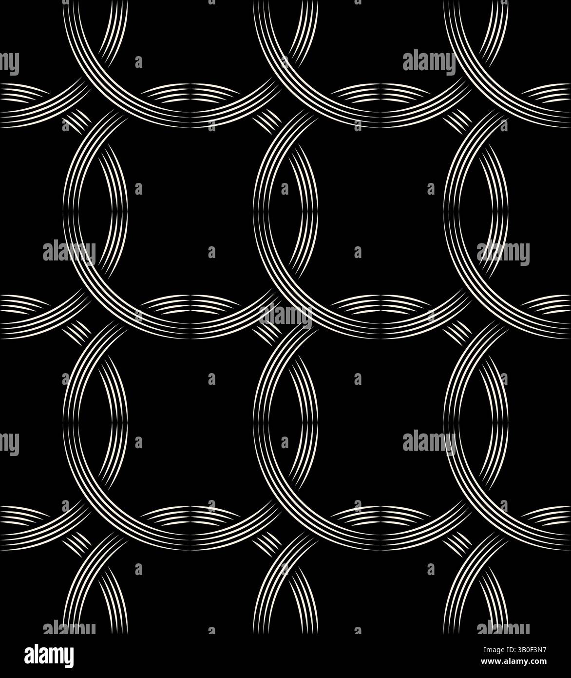 Beige line interwined circles seamless pattern on black background. Repeating black pattern. Stock Vector