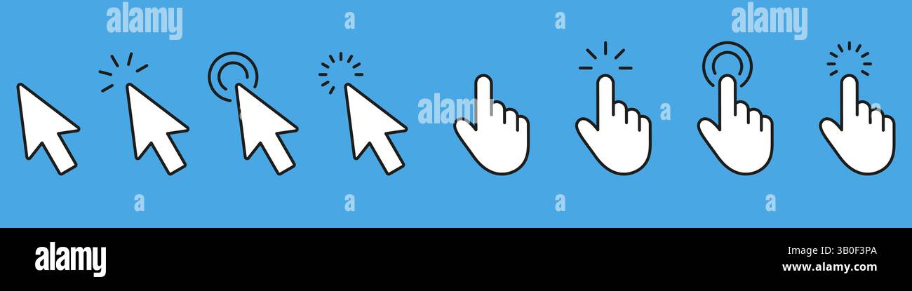 Cursor Pointer And Click Solid Icon Set. Hand And Arrow Interaction Silhouette Symbol Collection. Isolated Vector Illustration Stock Vector