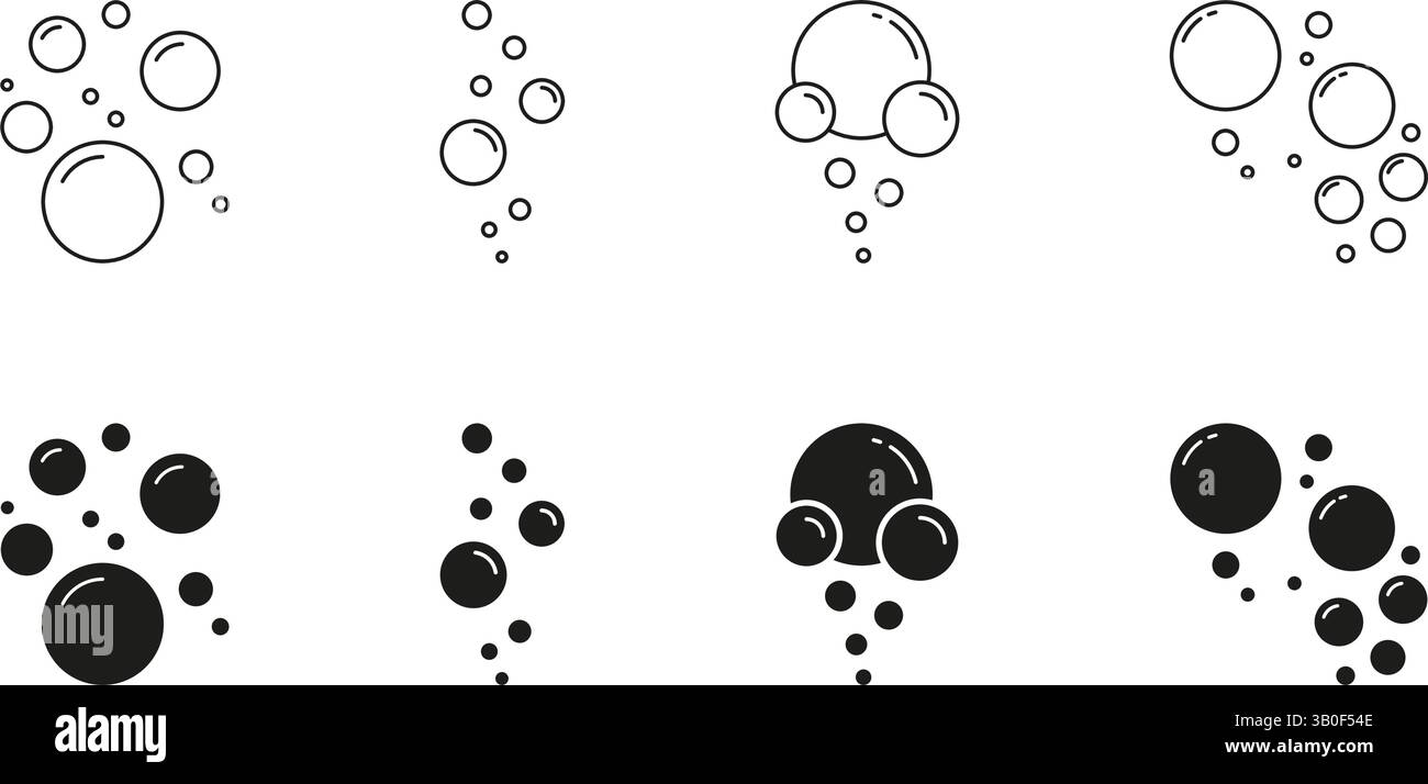 Rising Air Bubbles And Soap Foam Line And Solid Icon Set. Water ...