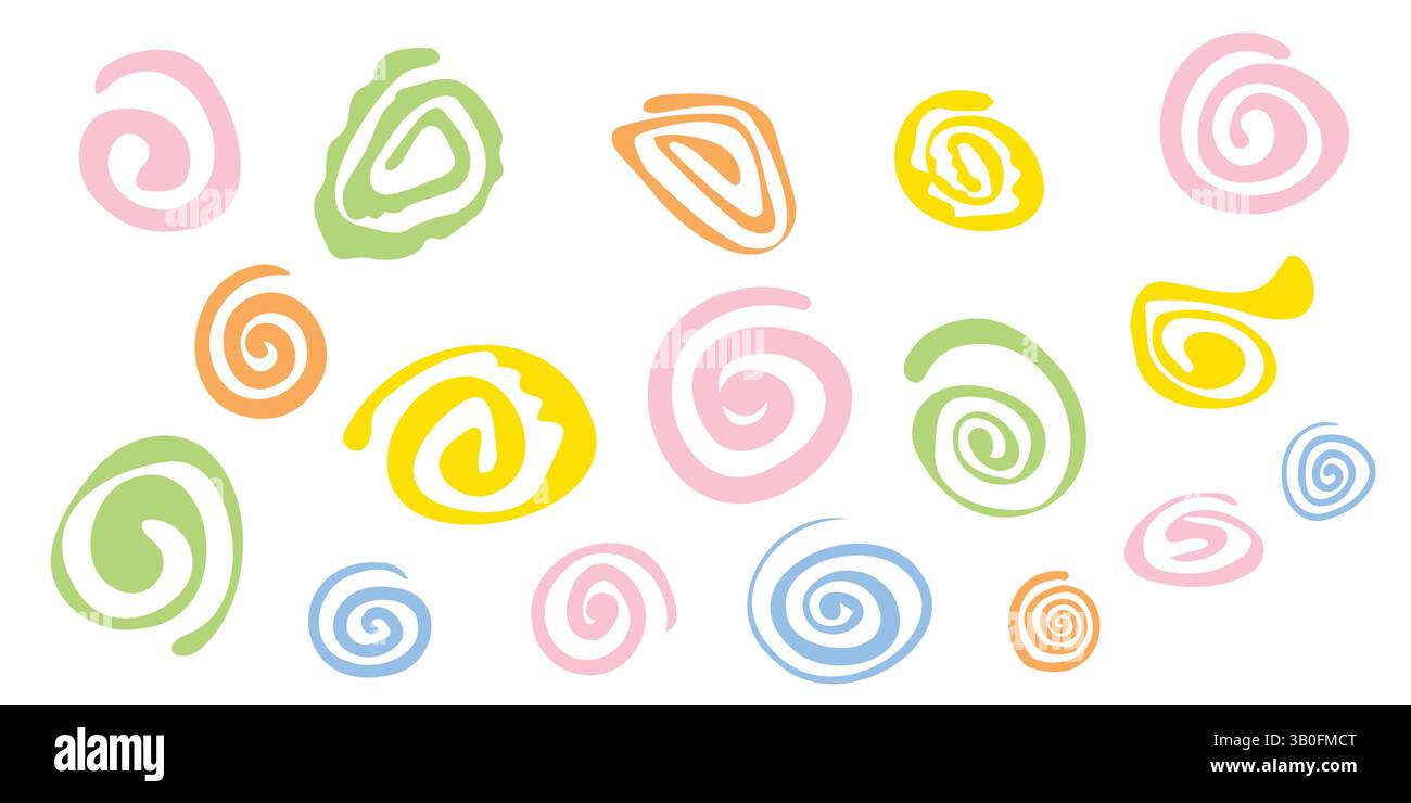 Colorful Hand Drawn Spirals Vector Pattern Set. Fun Swirls and Whirls in Pink, Green, Orange, Yellow, and Blue. Vector Illustration Stock Vector