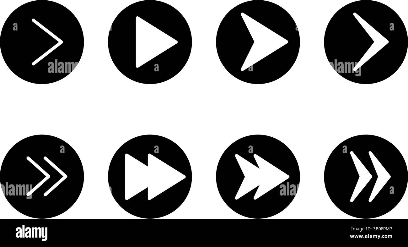 Set of cute and simple arrow icons in black and white, triangle, playback, fast forward (round button type), Vector Illustration Stock Vector