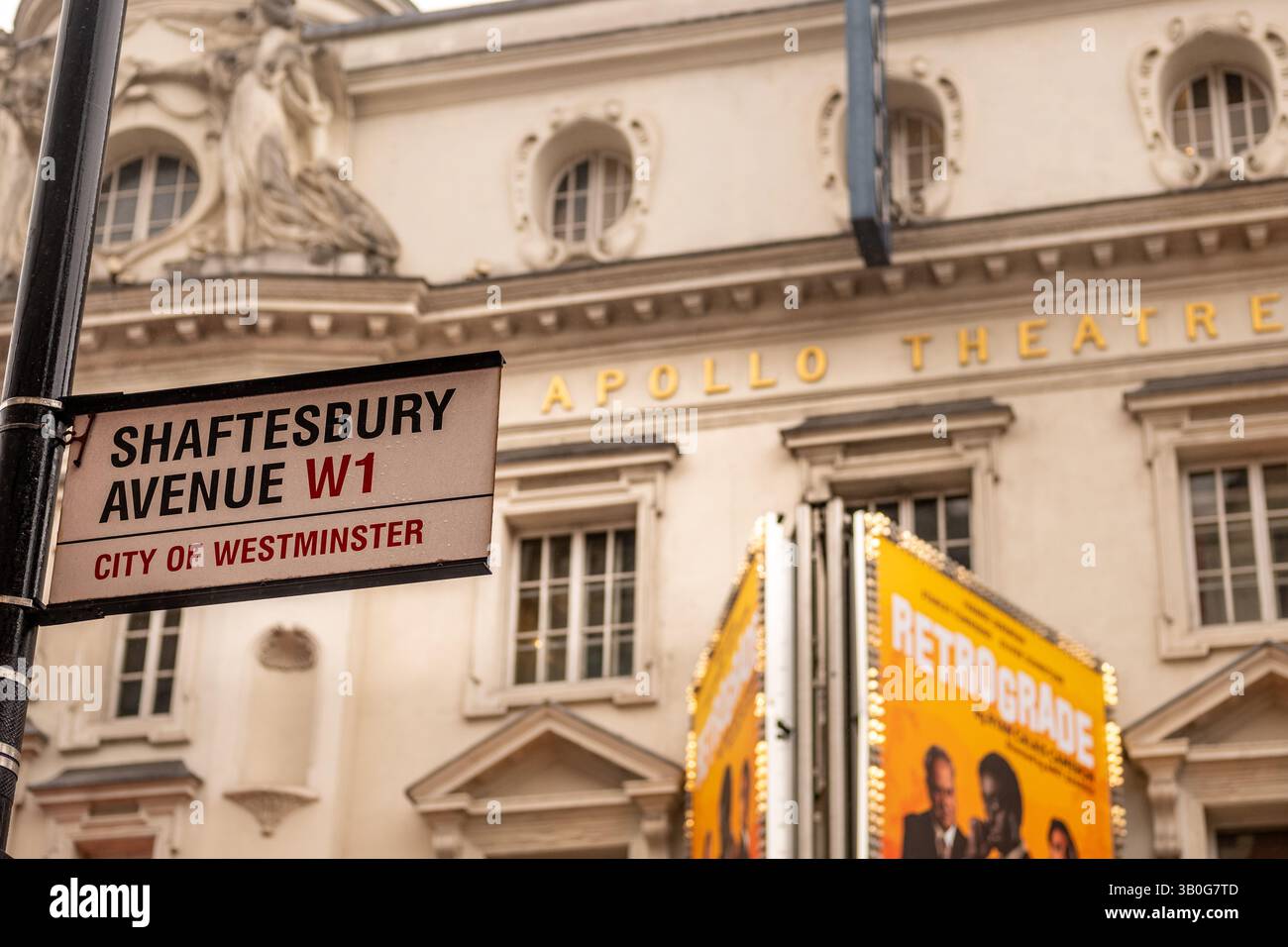 LONDON- APRIL 23, 2025: Shaftsbury Avenue W1 street sign in Soho, West End. Landmark street. Stock Photo