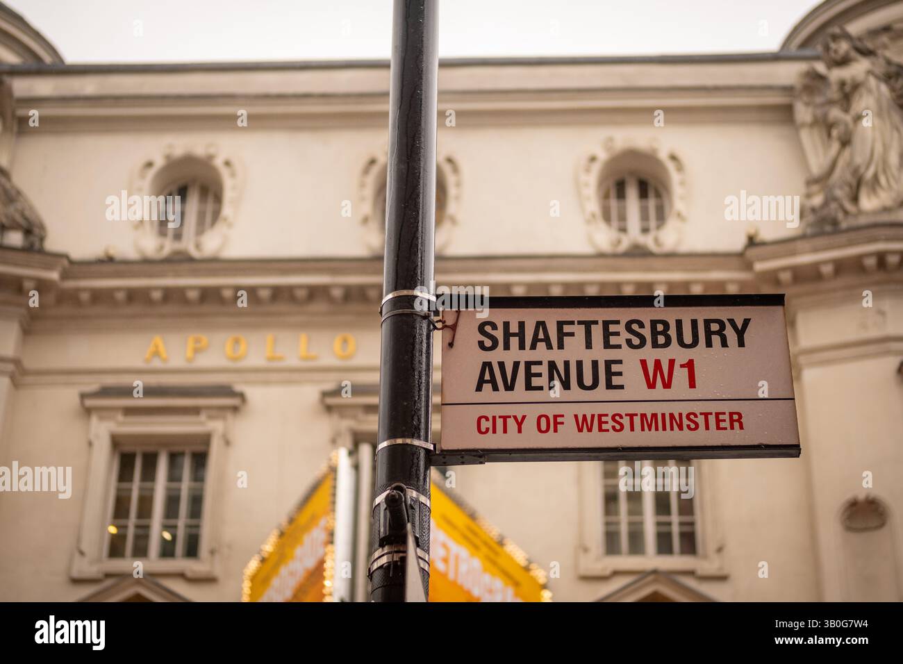 LONDON- APRIL 23, 2025: Shaftsbury Avenue W1 street sign in Soho, West End. Landmark street. Stock Photo
