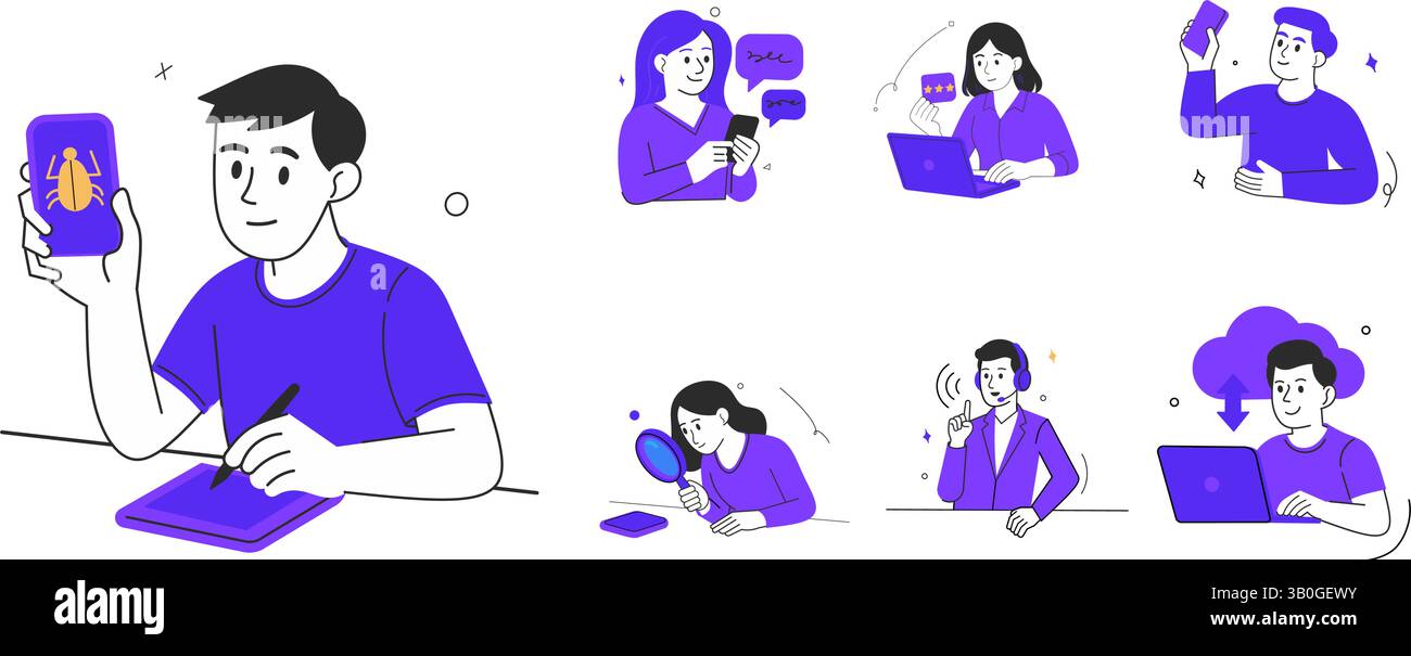 Modern Flat-Style Illustrations Showcasing App Interaction, Bug Reporting, User Reviews, Chat Support, and Cloud Synchronization Stock Vector
