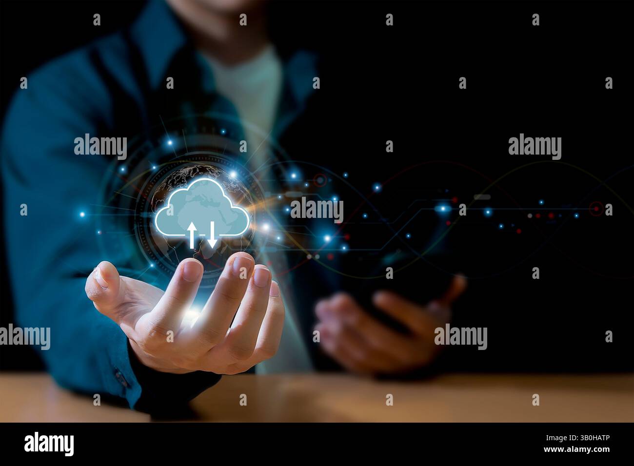 cloud computing shown in hand cloud technology data storage, data transfer, network and internet service concept Stock Photo