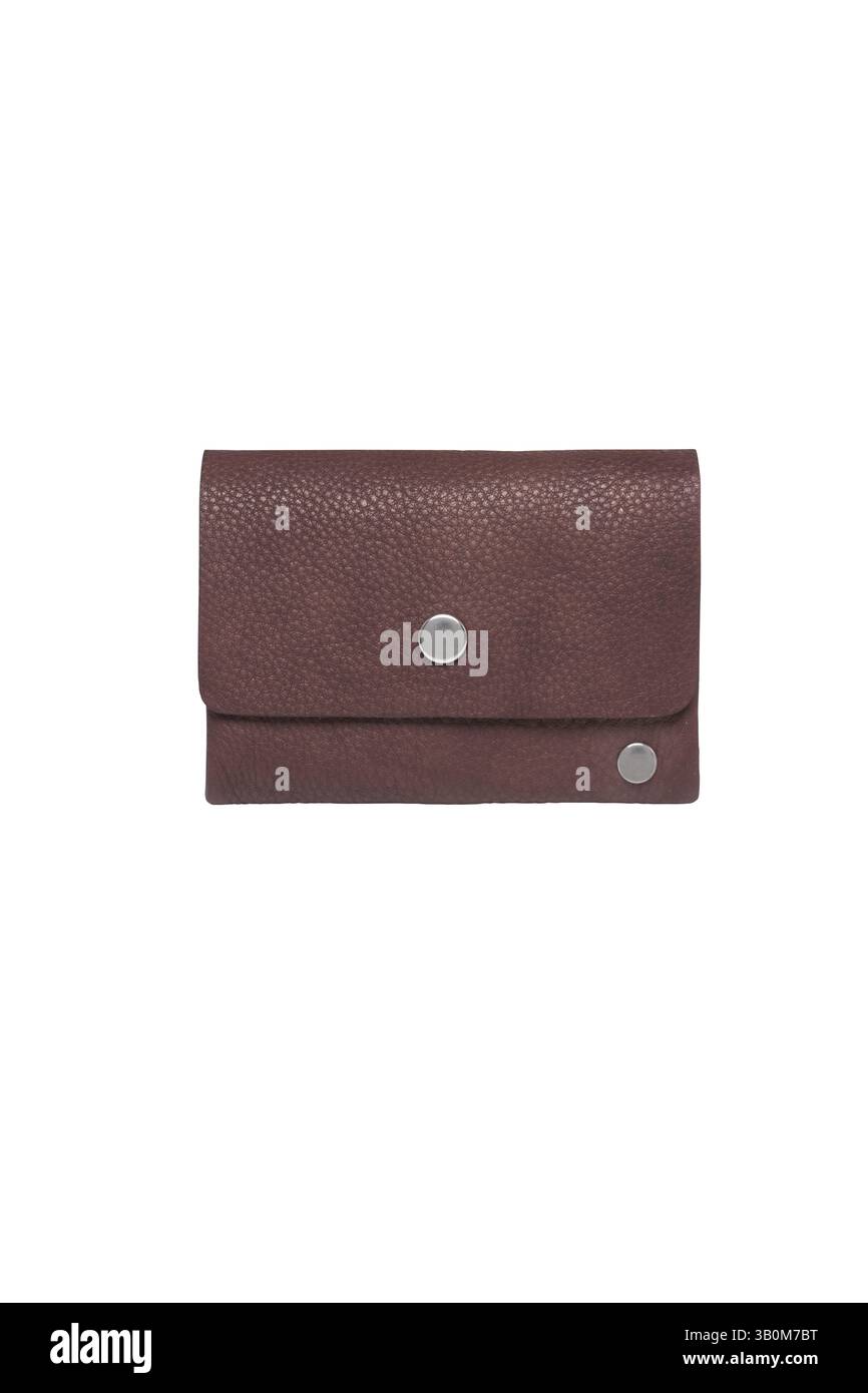 an elegant brown leather wallet features silver button closures the wallet is showcased against a pristine white background in a minimalist fashion Stock Photo