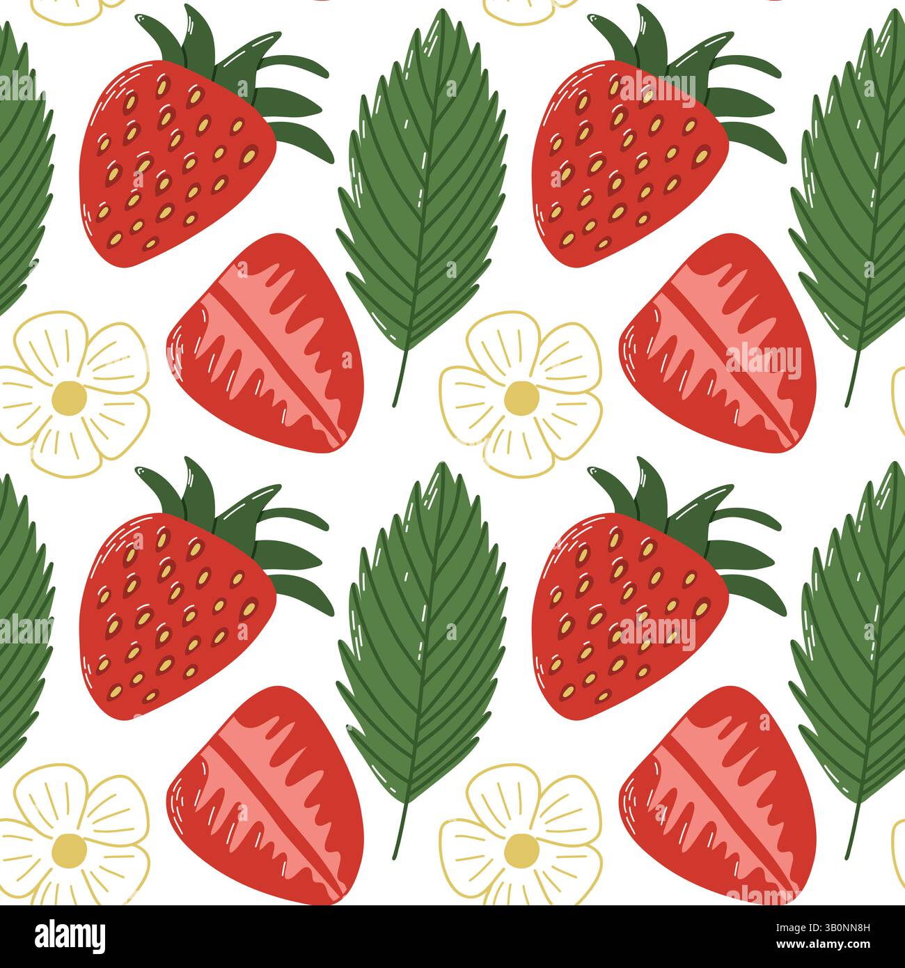 Seamless Pattern Featuring Strawberries, Leaves, and Flowers in Vibrant Colors Stock Vector