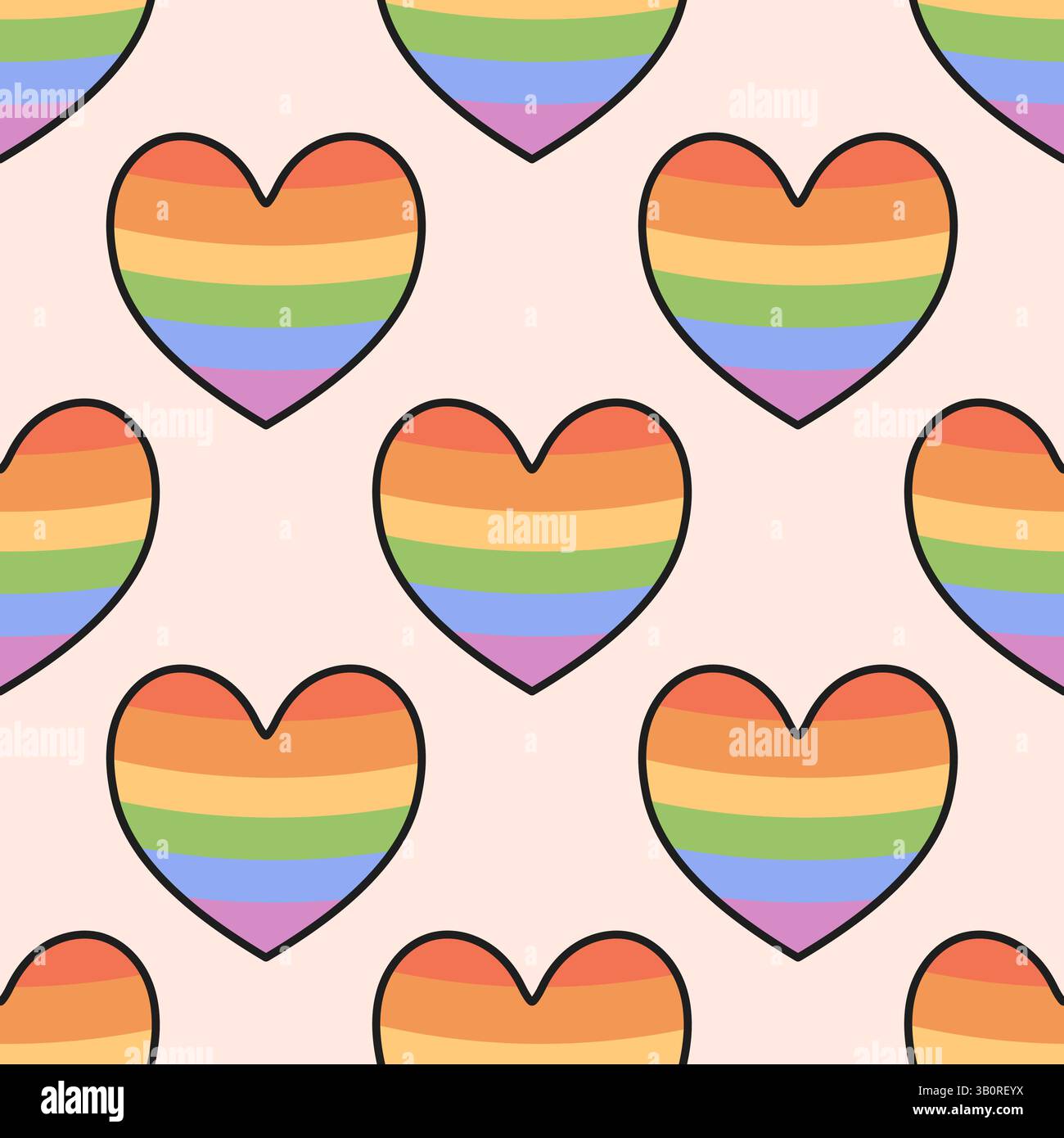 Seamless pride-themed pattern with colorful rainbow hearts on soft pink background. Ideal for LGBT celebration design. Stock Vector