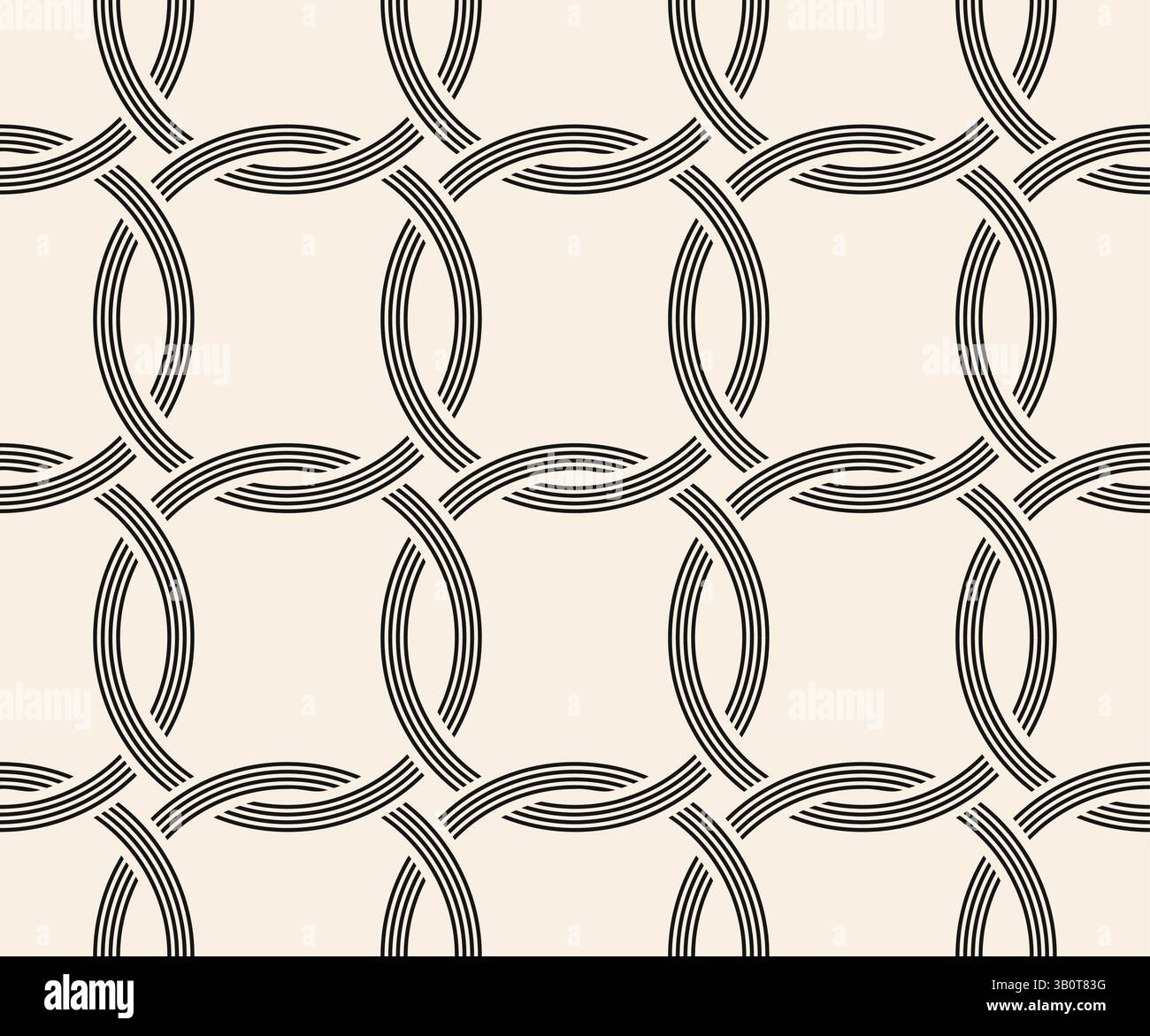 Black line interwined circles seamless pattern on beige background. Repeating beige pattern. Stock Vector