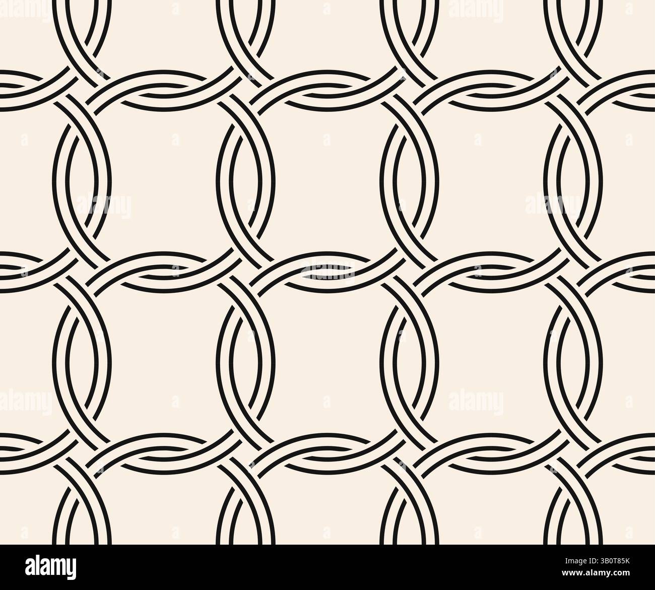 Black line interwined circles seamless pattern on beige background. Repeating beige pattern. Stock Vector