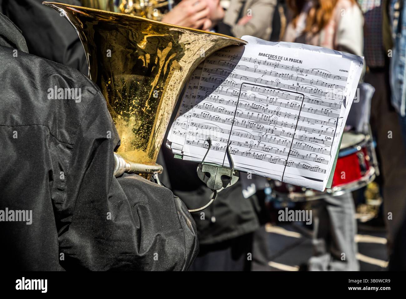 Musicians in Spain with sheet music for a procession.. Calle de Nohales, Cuenca, Castilla-La Mancha, Spain Stock Photo