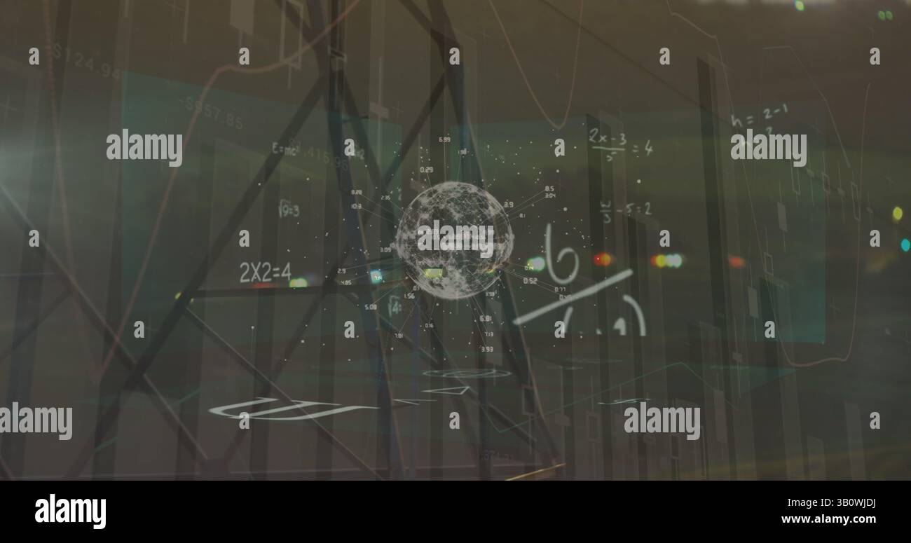 Image of statistics processing over mathematical equations and globe Stock Photo