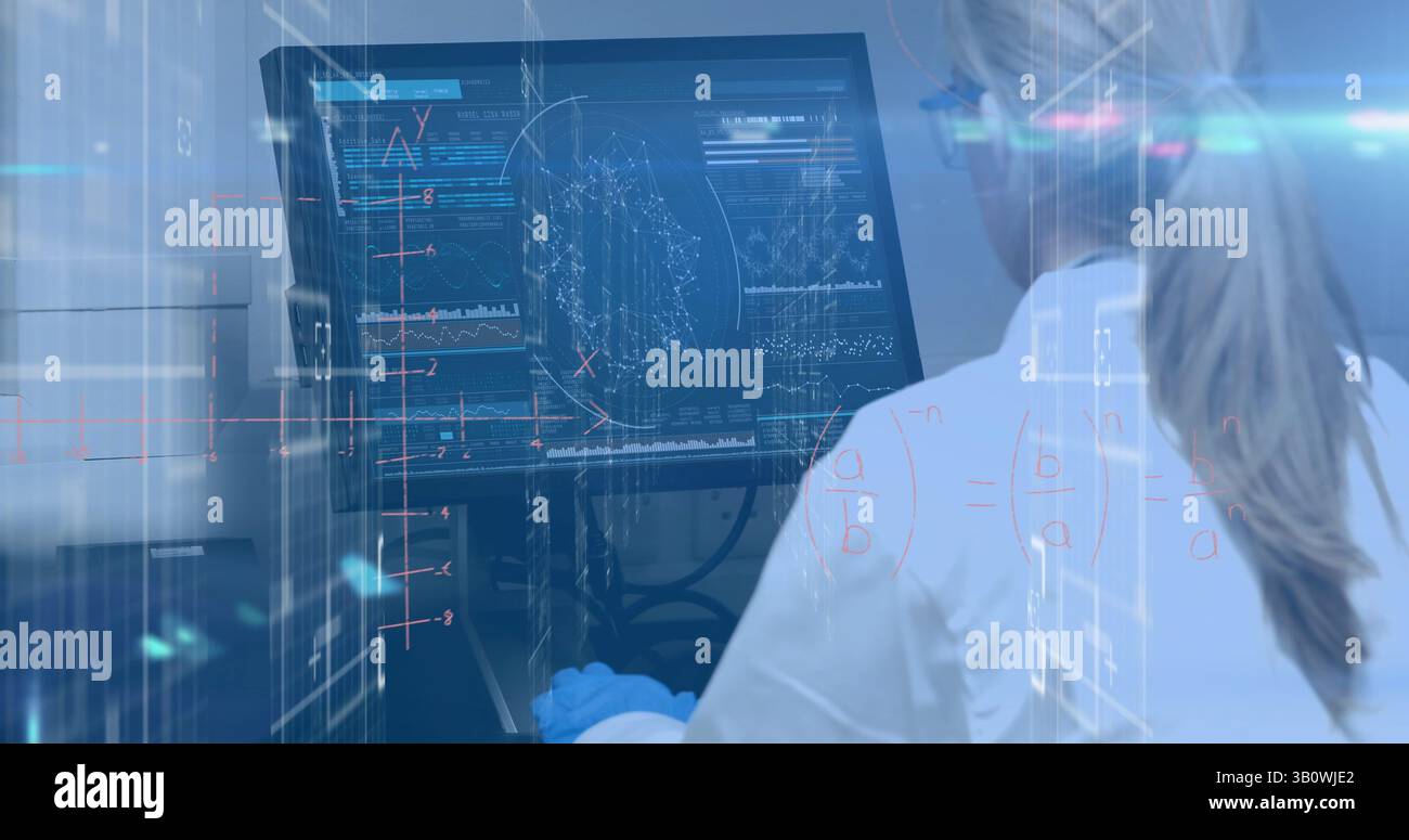 Image of data processing over female caucasian scientist using computer Stock Photo