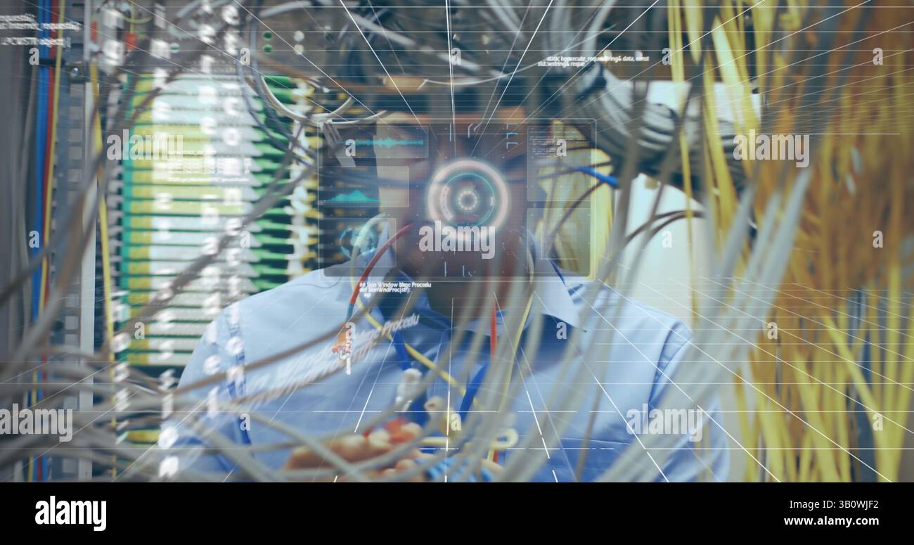 Image of data processing over biracial man inspecting server room Stock Photo