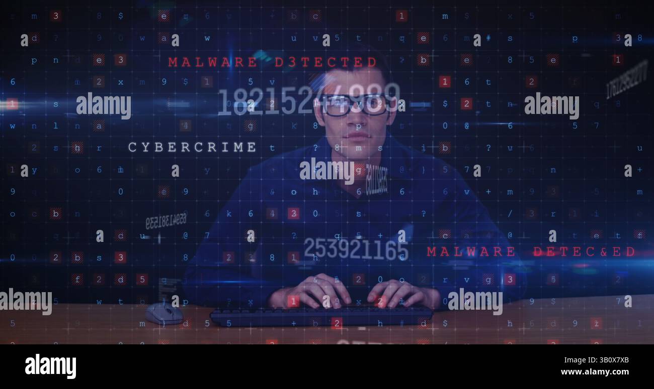 Image of computer writings, numbers and caucasian male programmer on ...