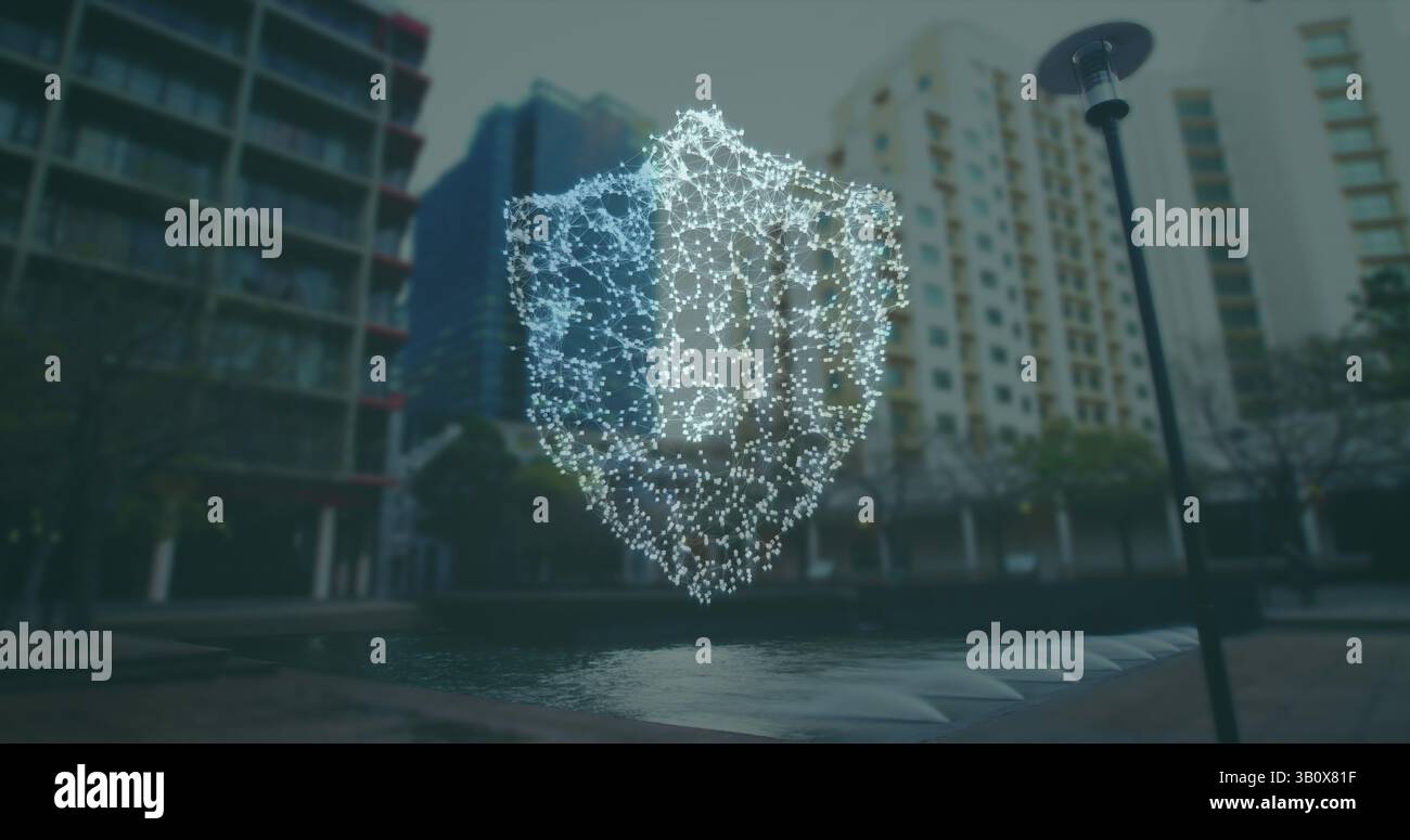 Image of security shield over cityscape Stock Photo
