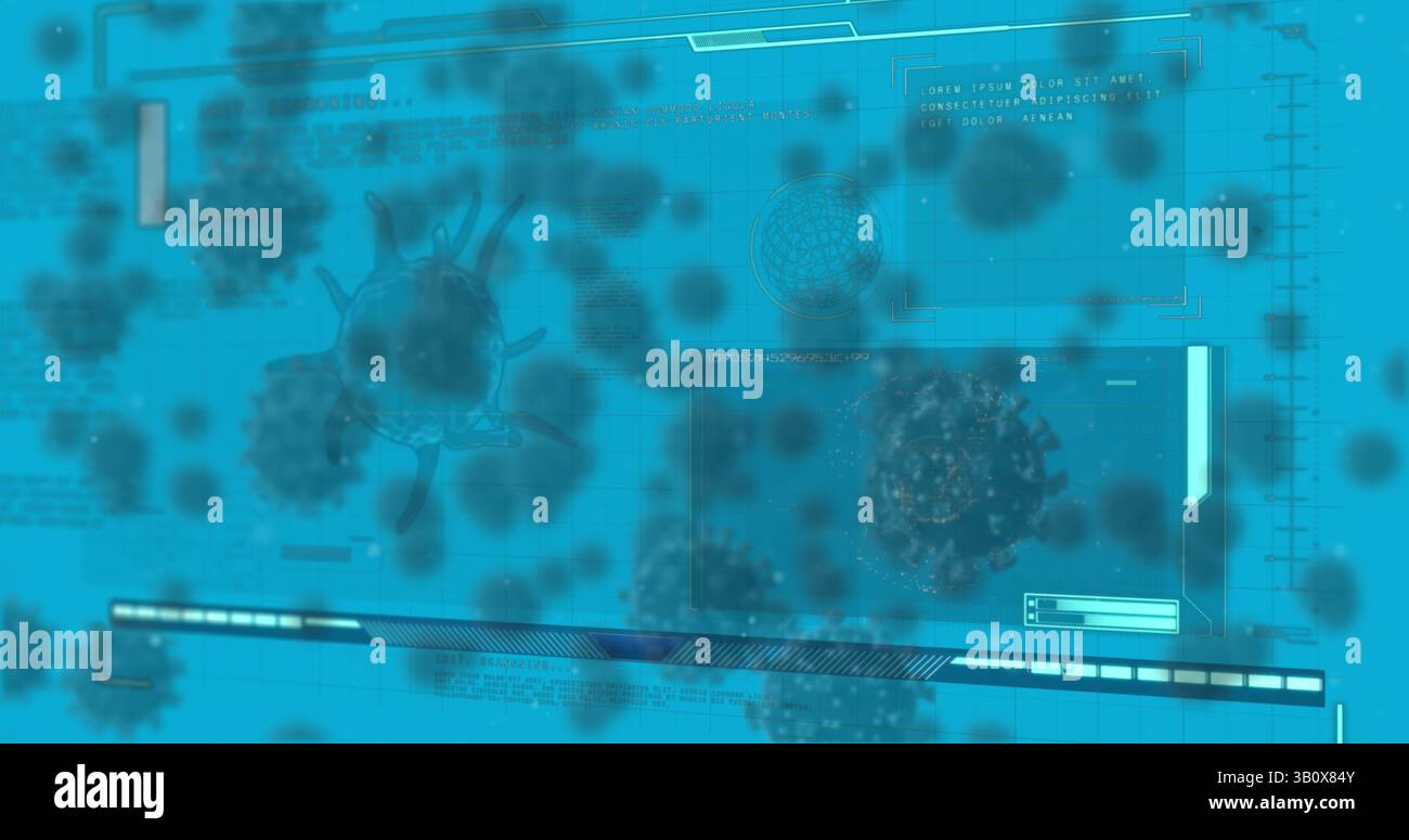 Displaying 3D virus model floating within digital HUD interface, with grid lines and data panels Stock Photo
