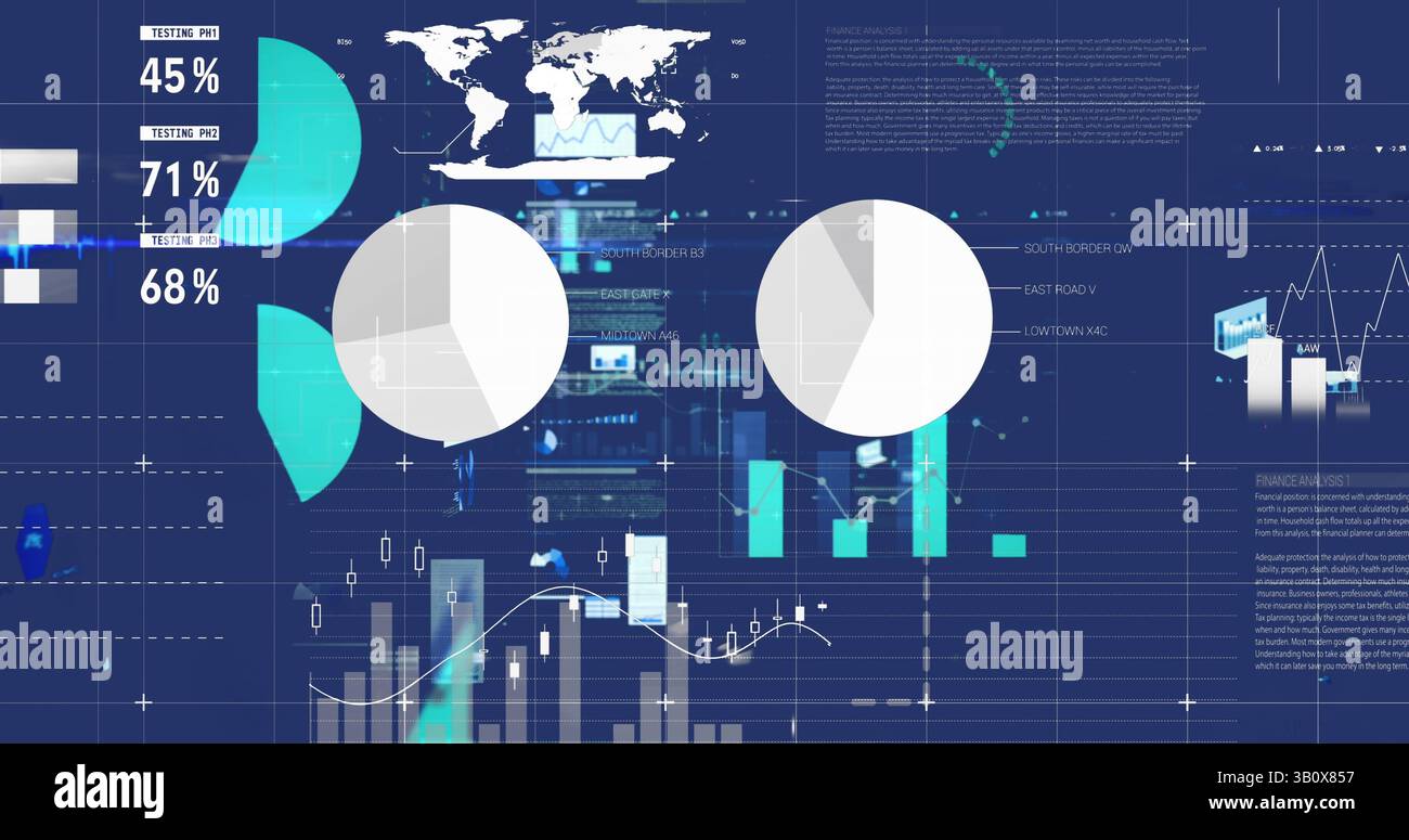 Image of graphs and data over navy background Stock Photo