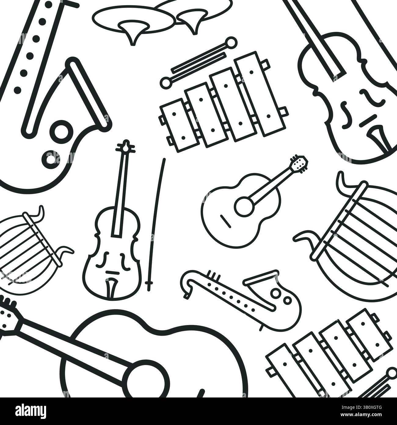 Hand-drawn pattern of various music instruments including strings and ...