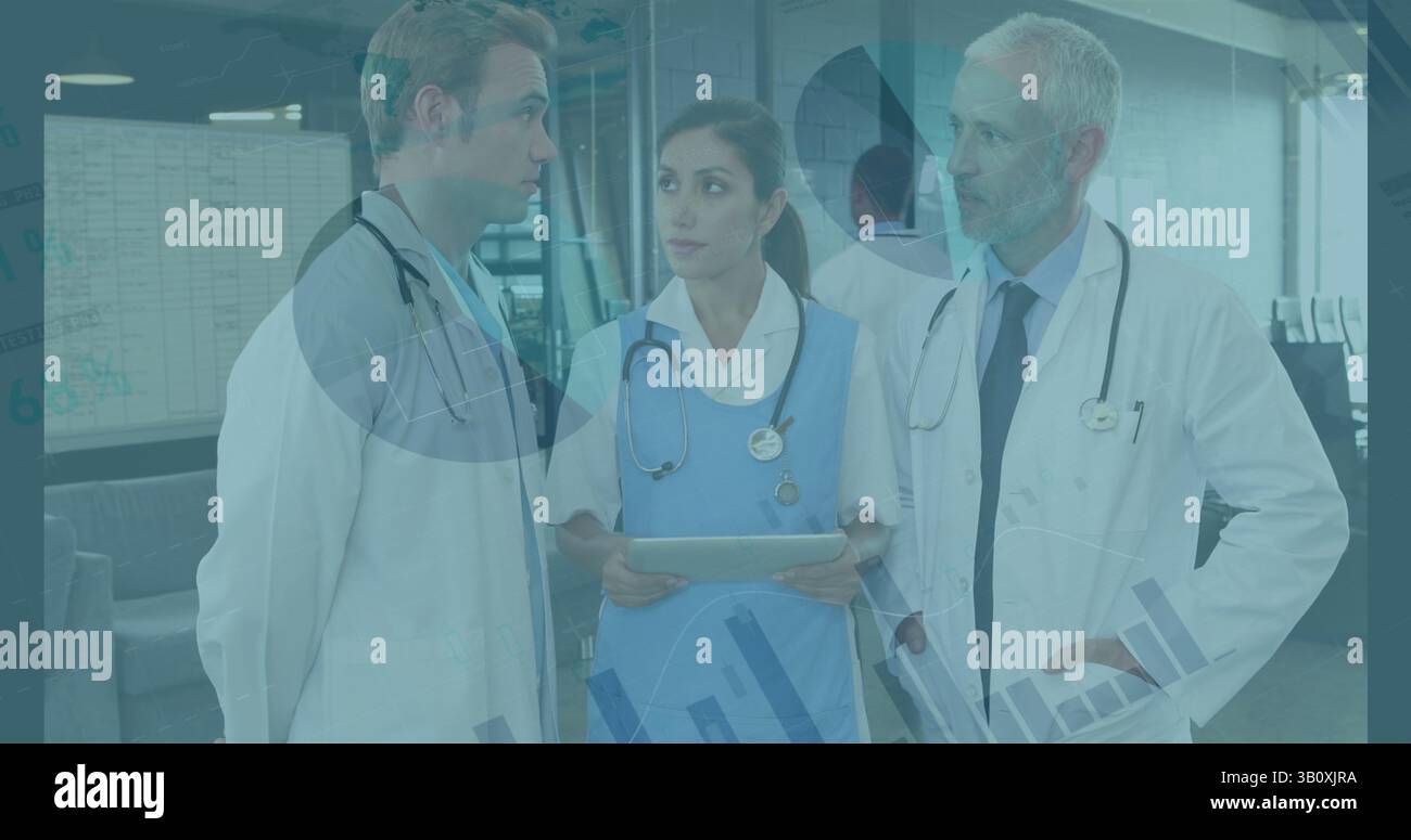 Image of data processing over three diverse doctors Stock Photo