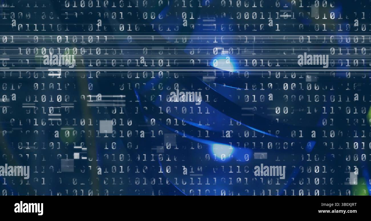 Image of interference and binary coding over server room Stock Photo