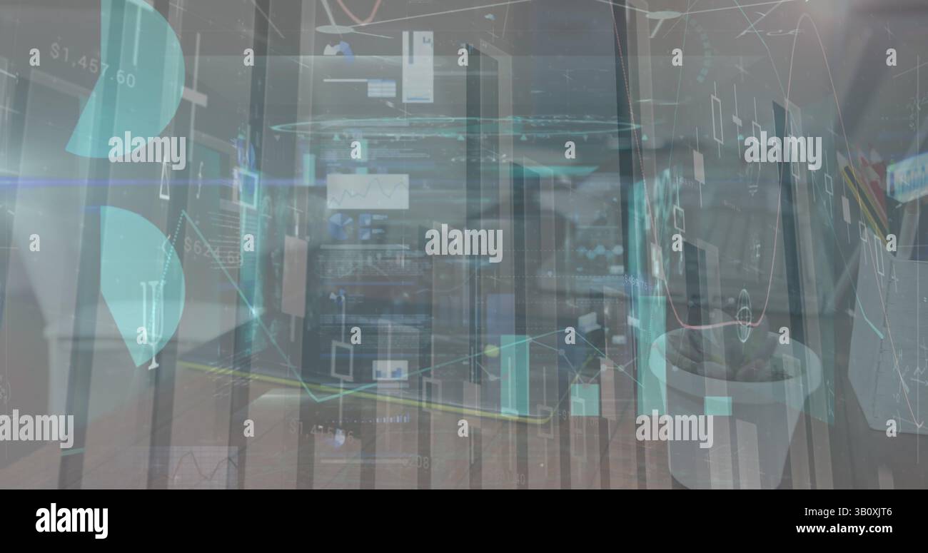 Composite image of multiple screens with statistical data processing against office table Stock Photo