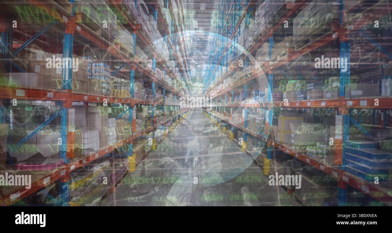 Image of financial data over warehouse Stock Photo
