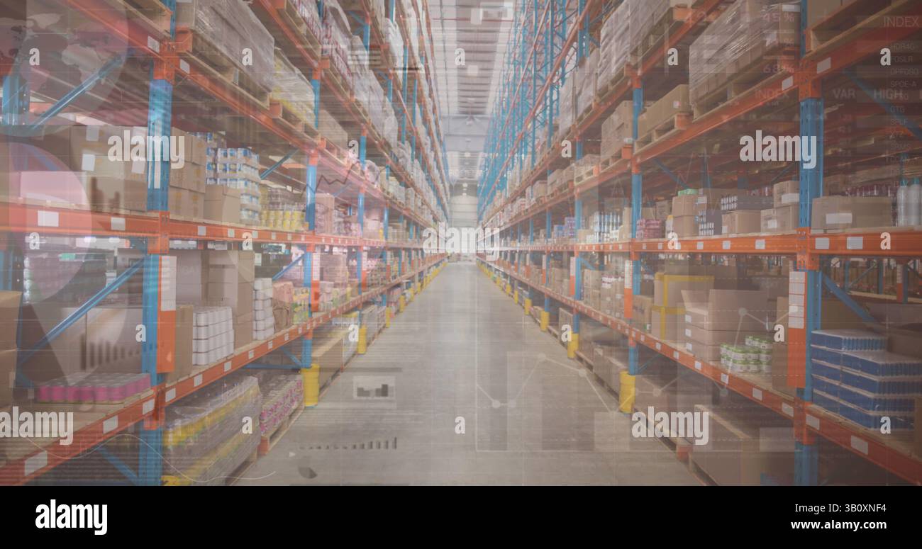 Image of financial data over warehouse Stock Photo