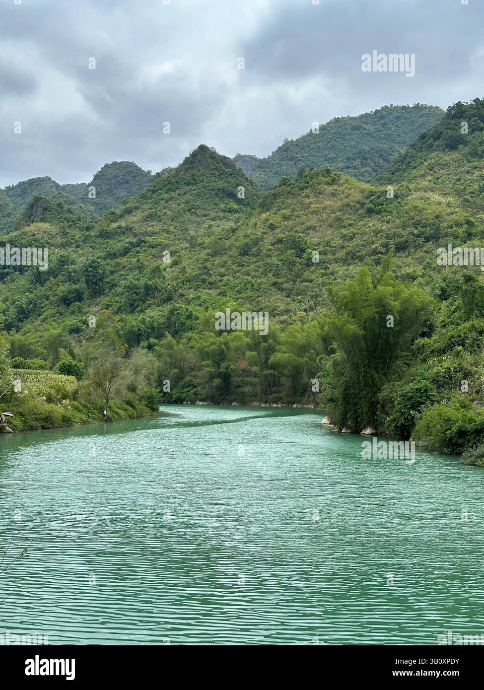 A beautiful view of a river flowing through green, mountainous terrain on a cloudy day. - Smartphone Captured Stock Image
