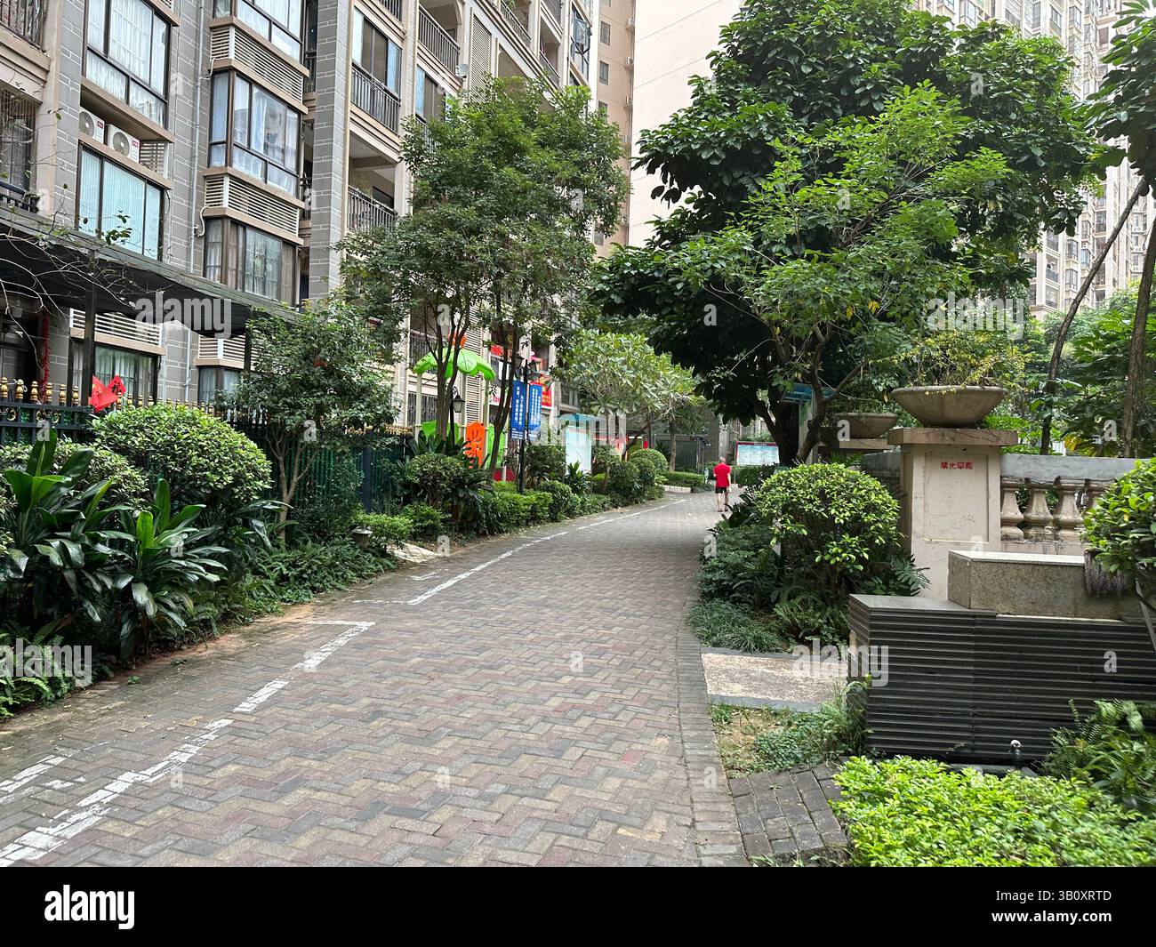 Beautiful urban park with modern buildings and a serene walkway. - Smartphone Captured Stock Image