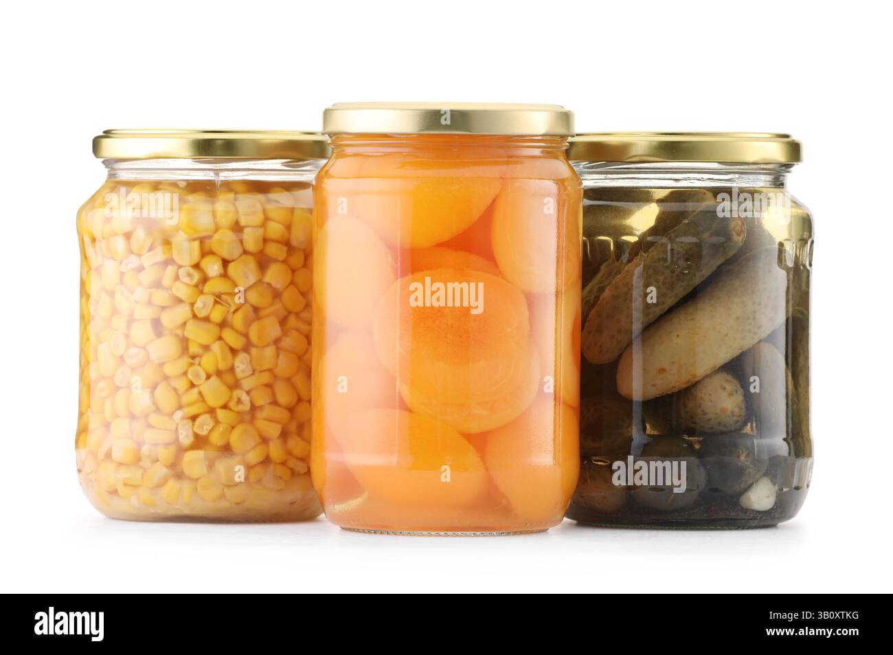 Many jars with different pickled products isolated on white Stock Photo