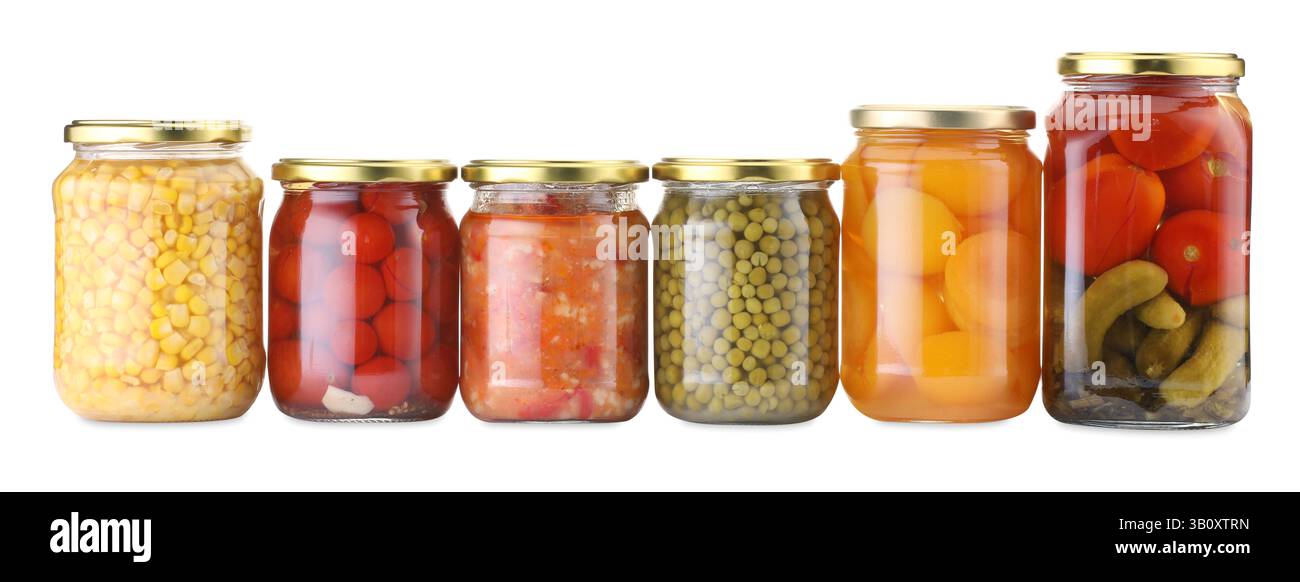 Many jars with different pickled products isolated on white Stock Photo