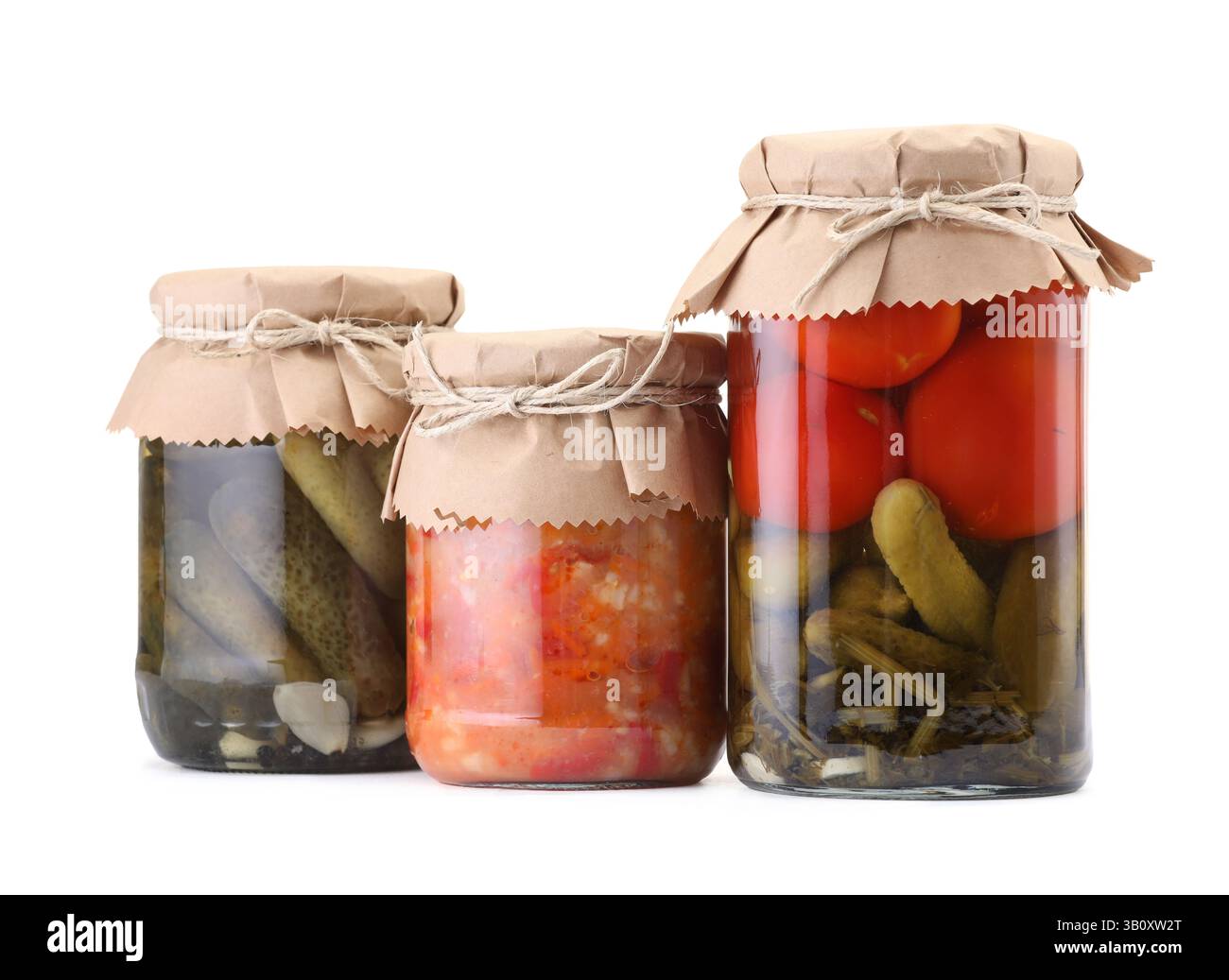 Many jars with different pickled products isolated on white Stock Photo