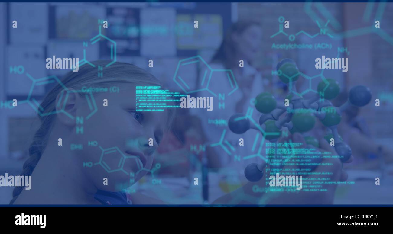 Image of science data processing over caucasian schoolgirl Stock Photo