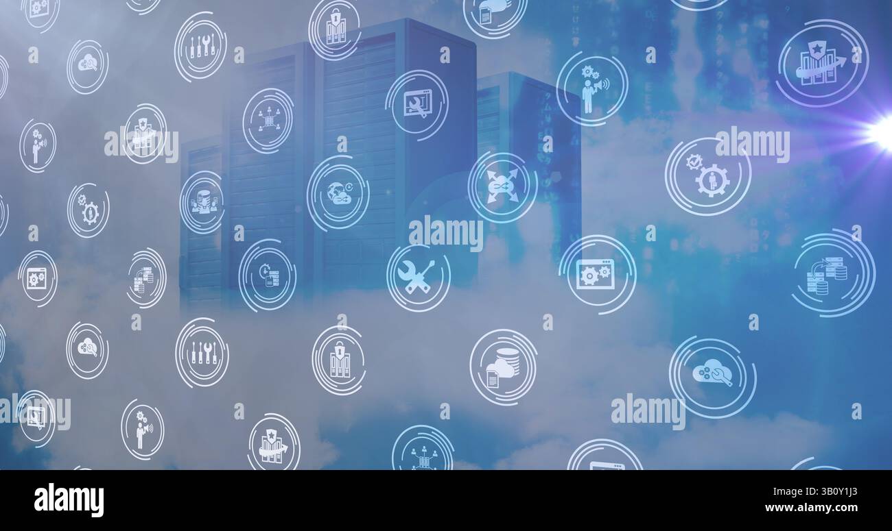 Image of falling icons over server room Stock Photo