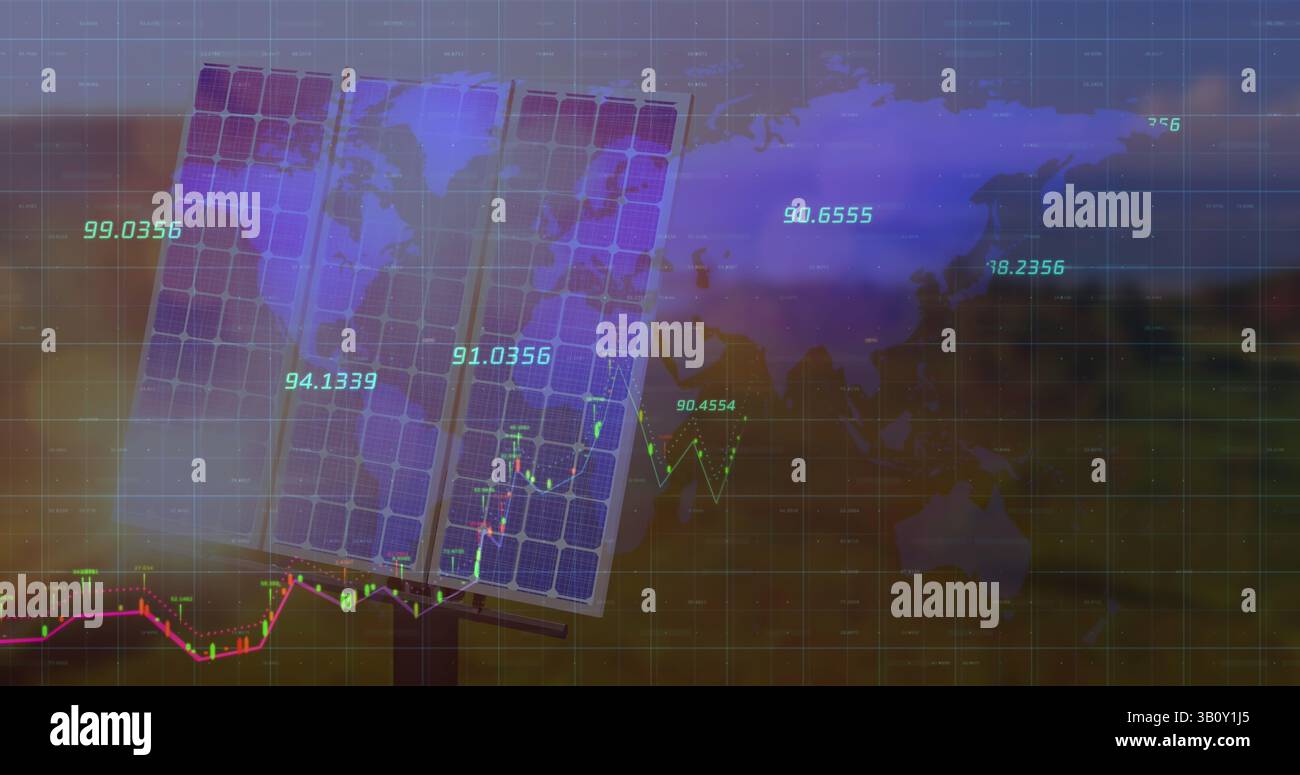 Image of financial data processing over world map and solar panel Stock Photo