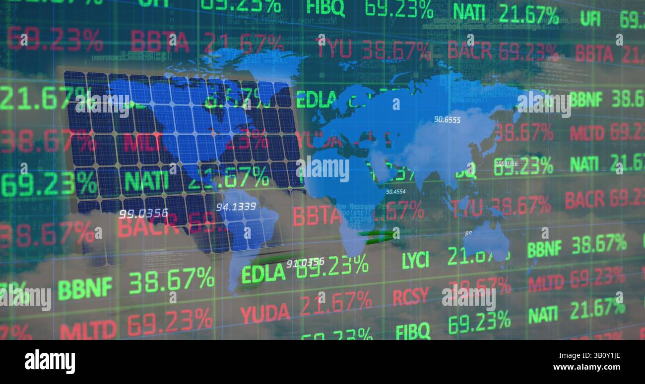Image of financial data processing over world map and solar panel Stock Photo