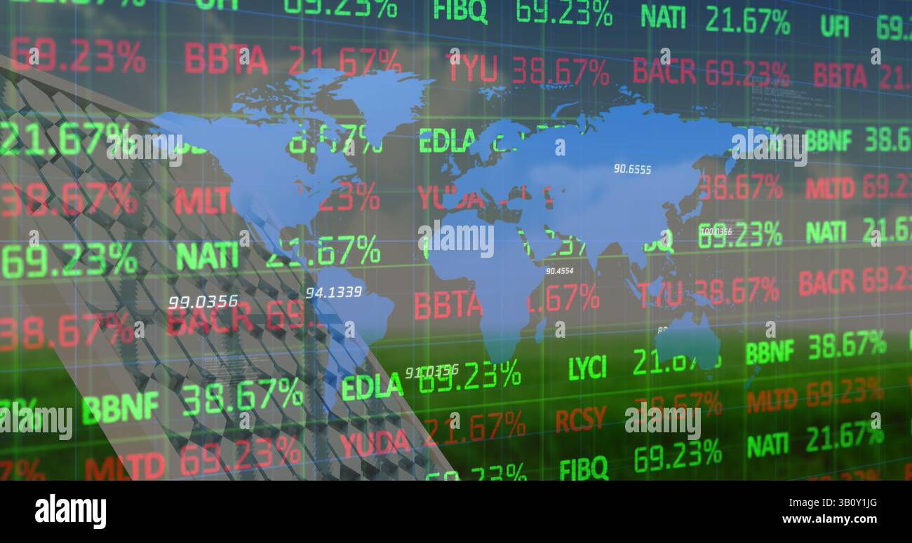Image of financial data processing over world map and solar panel Stock Photo