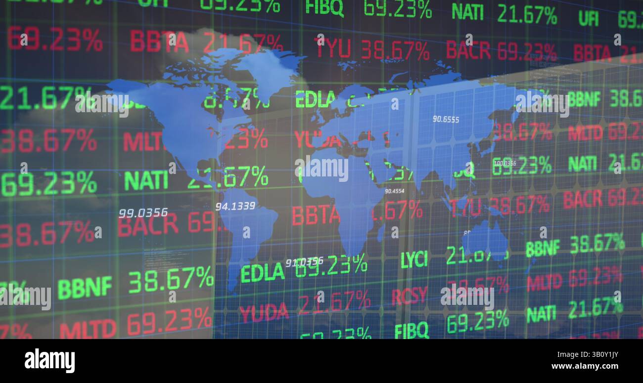 Image of financial data processing over and world map solar panel Stock Photo