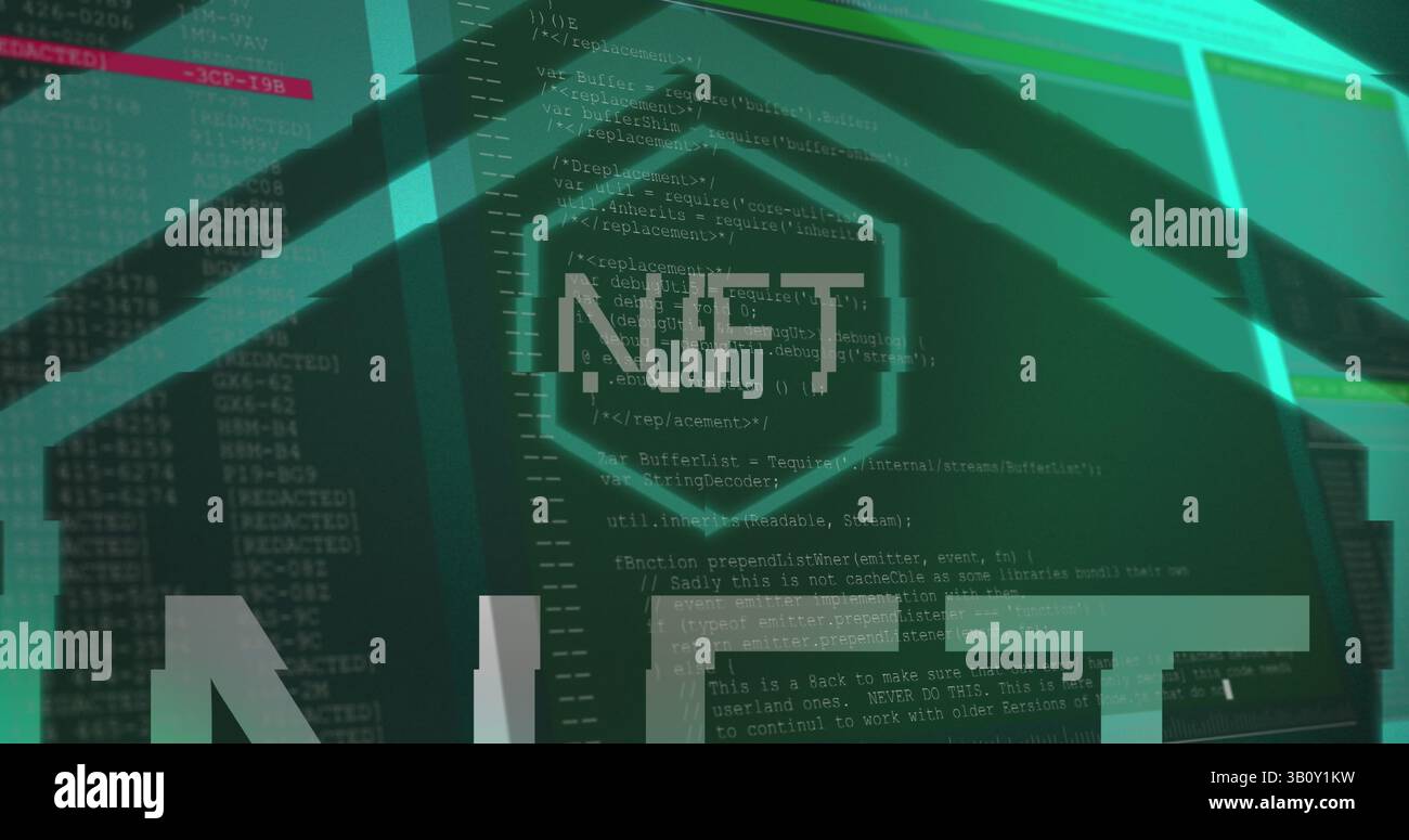 Image of nft text over data processing on green background Stock Photo