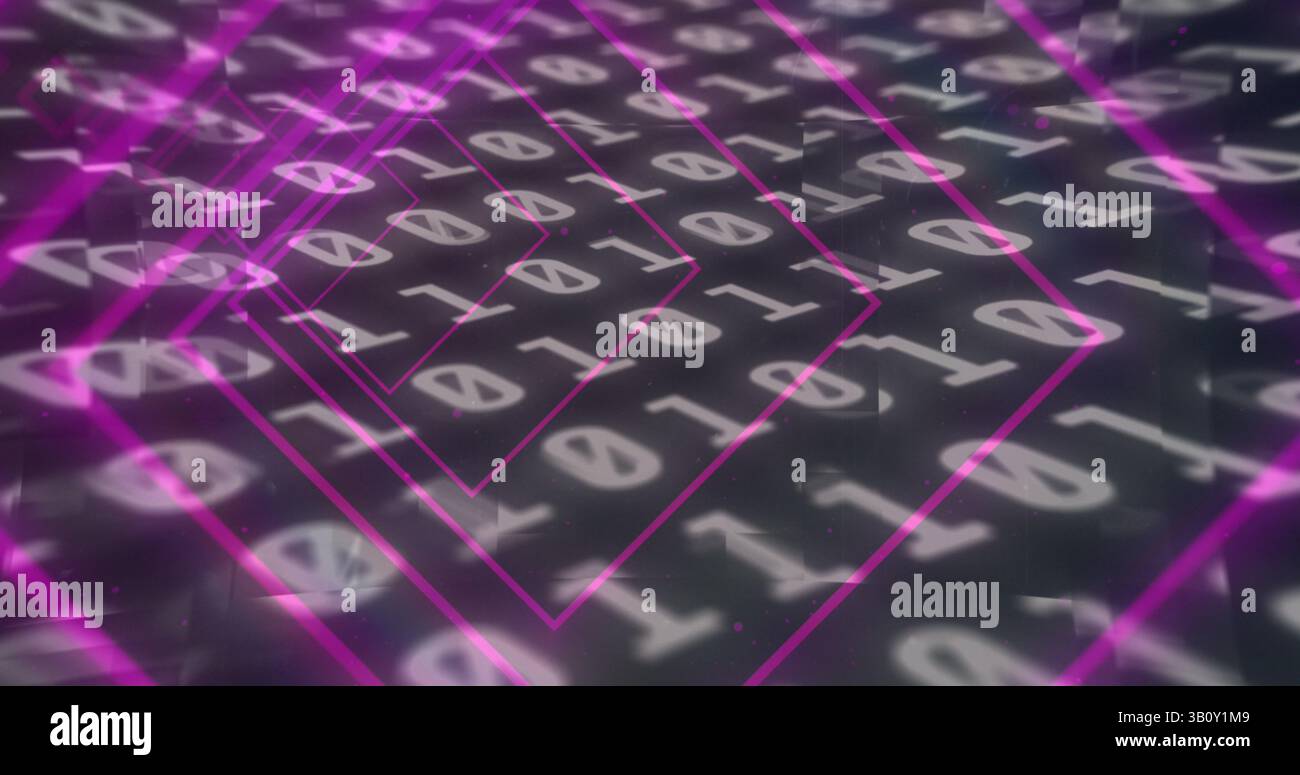 Image of tunnel with neon shapes over binary coding on black background Stock Photo