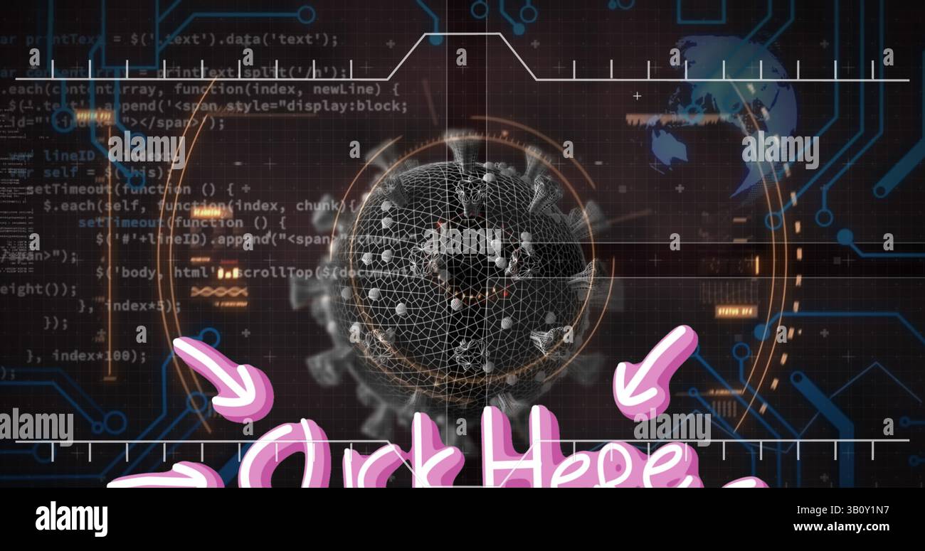 Click here text over data processing against scope scanning over covid-19 cell Stock Photo