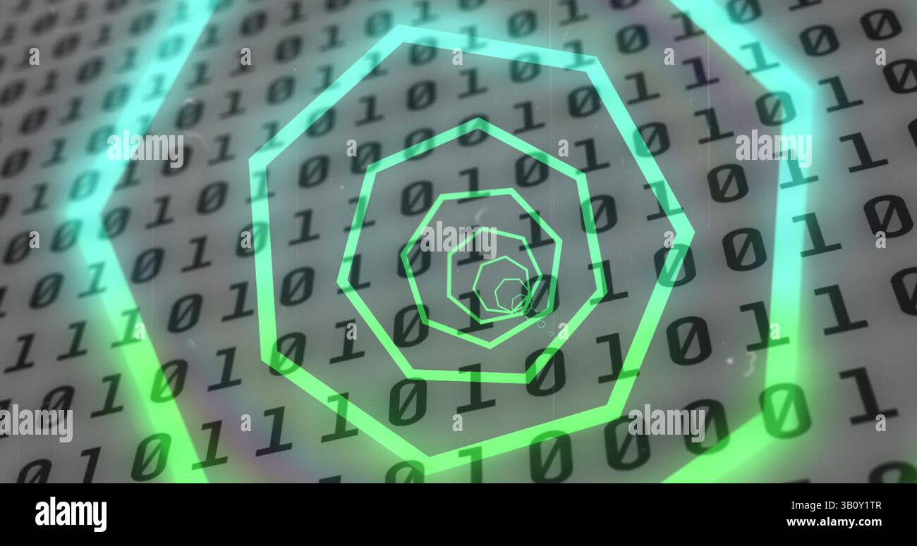Image of tunnel with neon shapes over binary coding on white background Stock Photo